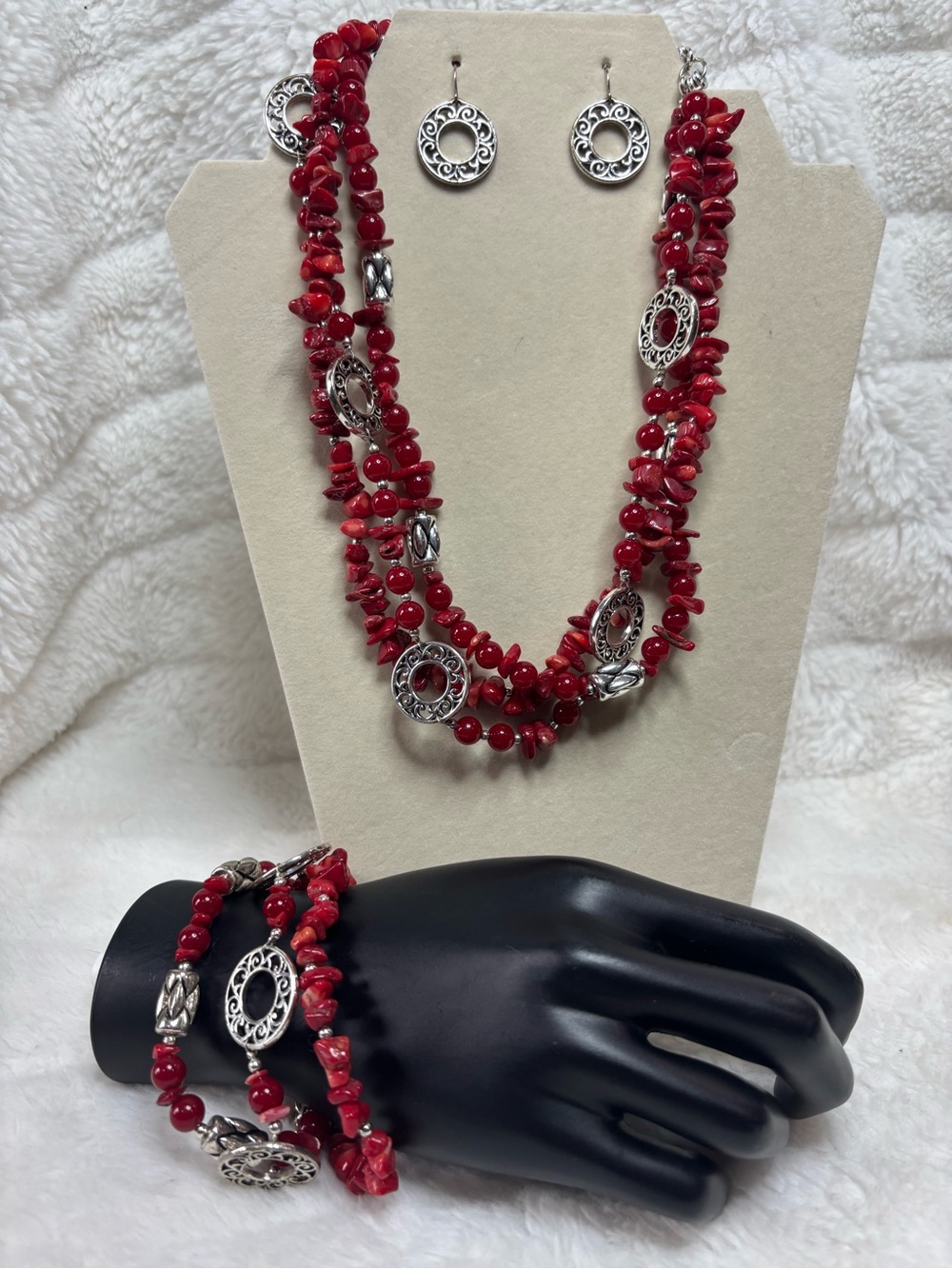 VTG Premiere Triple Strand Red Coral Silver Necklace Bracelet & Earrings set